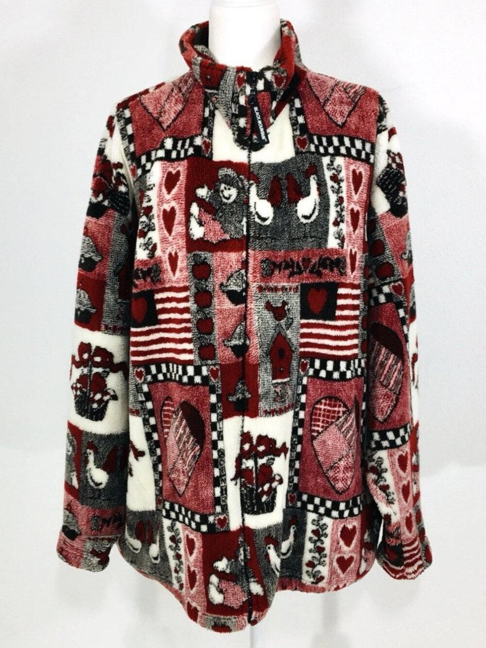 VTG Black Mountain Fleece Patchwork Jacket Sz 2XL Cozy Cottagecore USA Hearts
